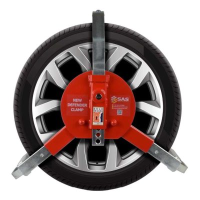 Wheel Clamp VW Camper Insurance Approved New Defender Wheel Clamp 1410173 SAS New Defender Wheel Clamp shown locked onto wheel