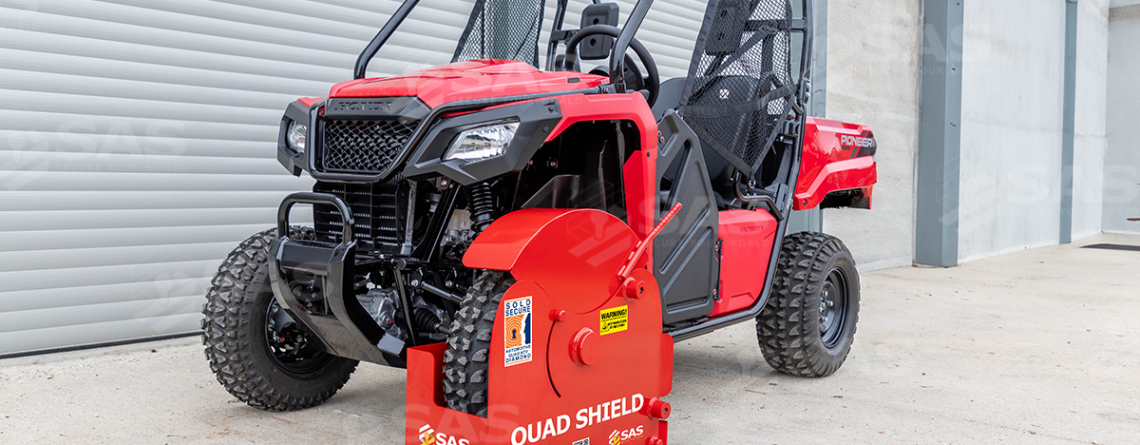 SAS Quad Shield Wheelclamp shown secured on Quadbike