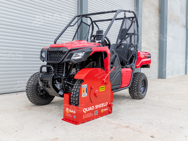 SAS Quad Shield Wheelclamp shown secured on Quadbike
