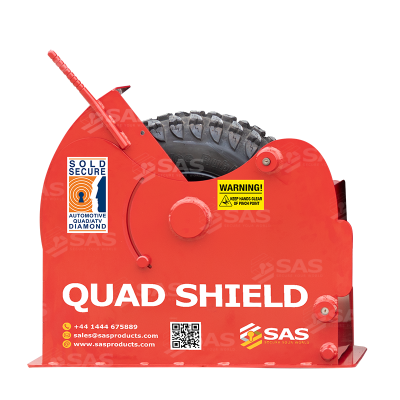 1730081_Quad_Shield_Wheelclamp_stu_closed_side_view_with_tyre_lr SAS Quad Shield Wheelclamp Shown with wheel inside on locked position with cover open