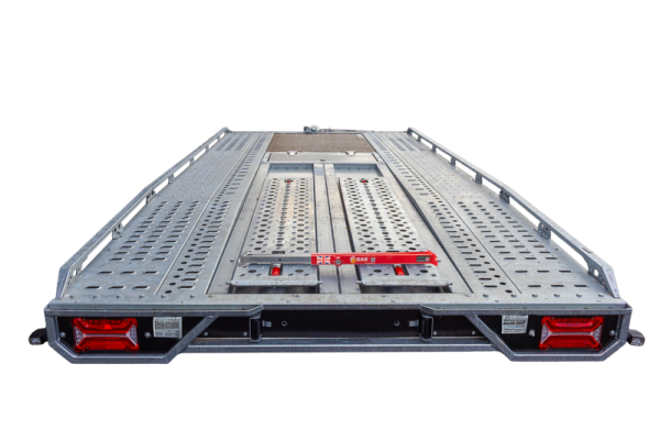 Image of red SAS 5710781 Ramp Lock fitted to Brian James T Transporter Car Trailer